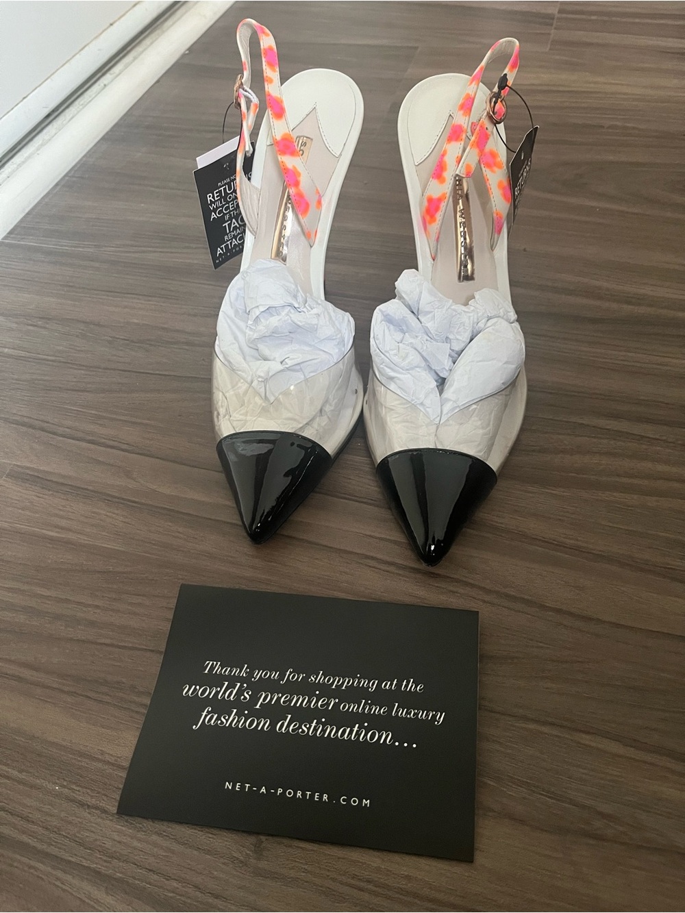 Sophia Webster White Slingback Pumps with Black Patent Cap Toe and Neon Strap